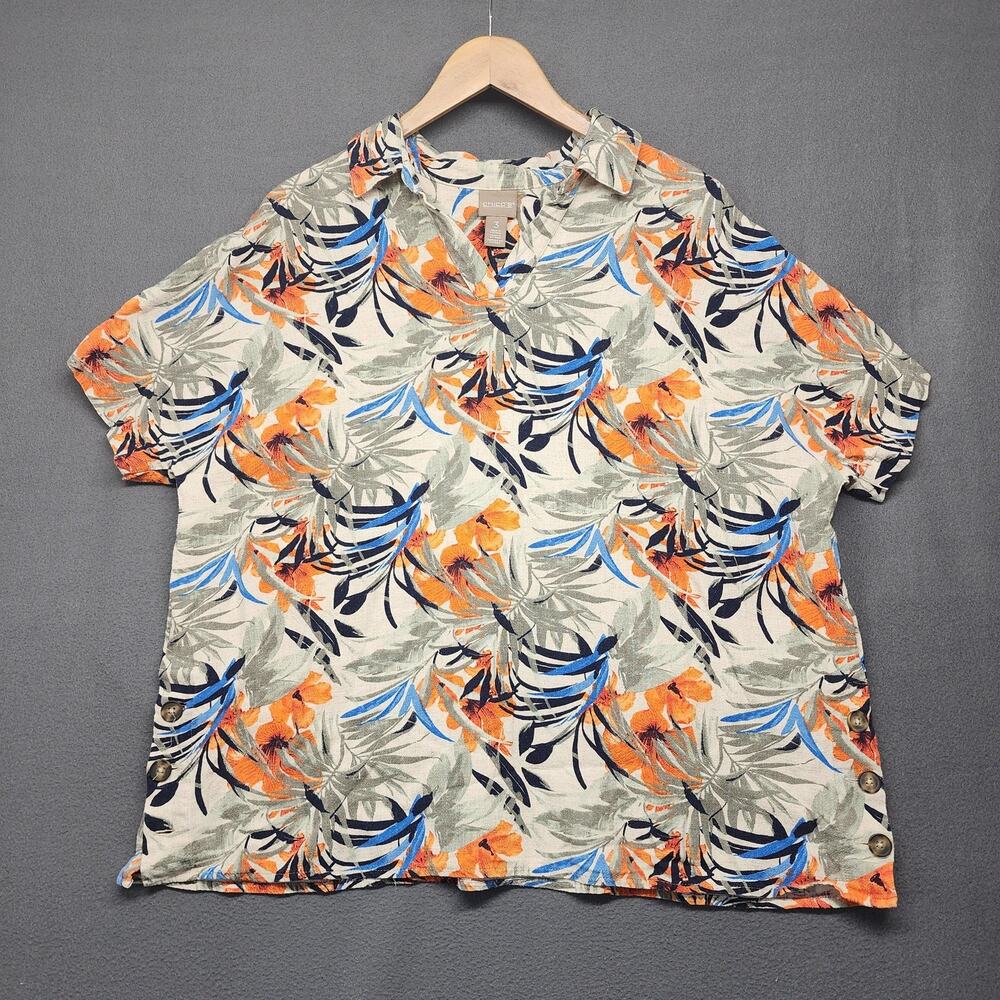 Chico's Shirt Top Womens Sz 3 US XL Tropical Floral Linen Side Button Cap Sleeve